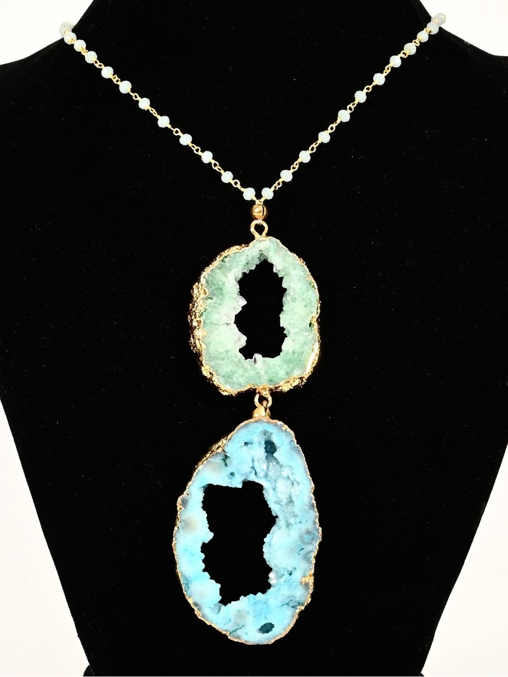 Double Druzy Geode Pendant Necklace With Beaded Chain